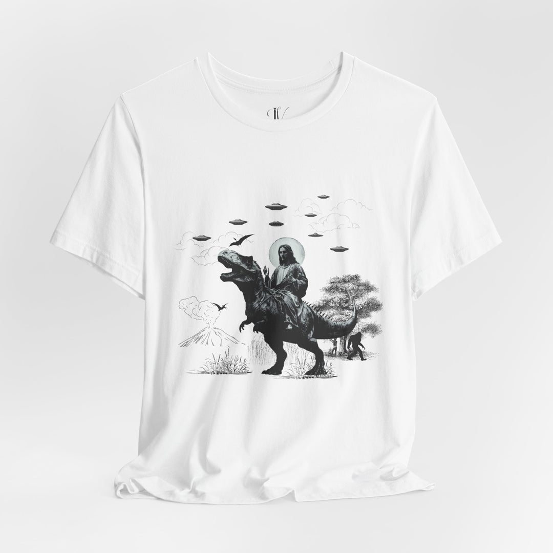 Out-of-This-World Tees: Jesus Riding Dinosaur & UFO T-Shirts (ImaginVibes) T-Shirt   