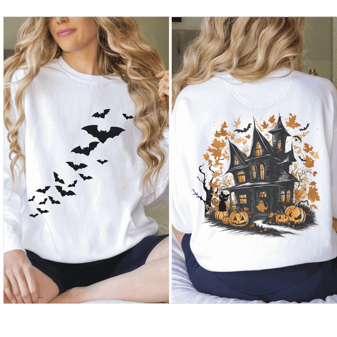 Haunted House Halloween Sweatshirt: Spooky Vibes Sweatshirt Printify