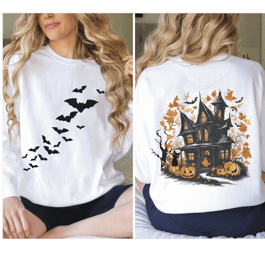 Haunted House Halloween Sweatshirt: Spooky Vibes Sweatshirt Printify