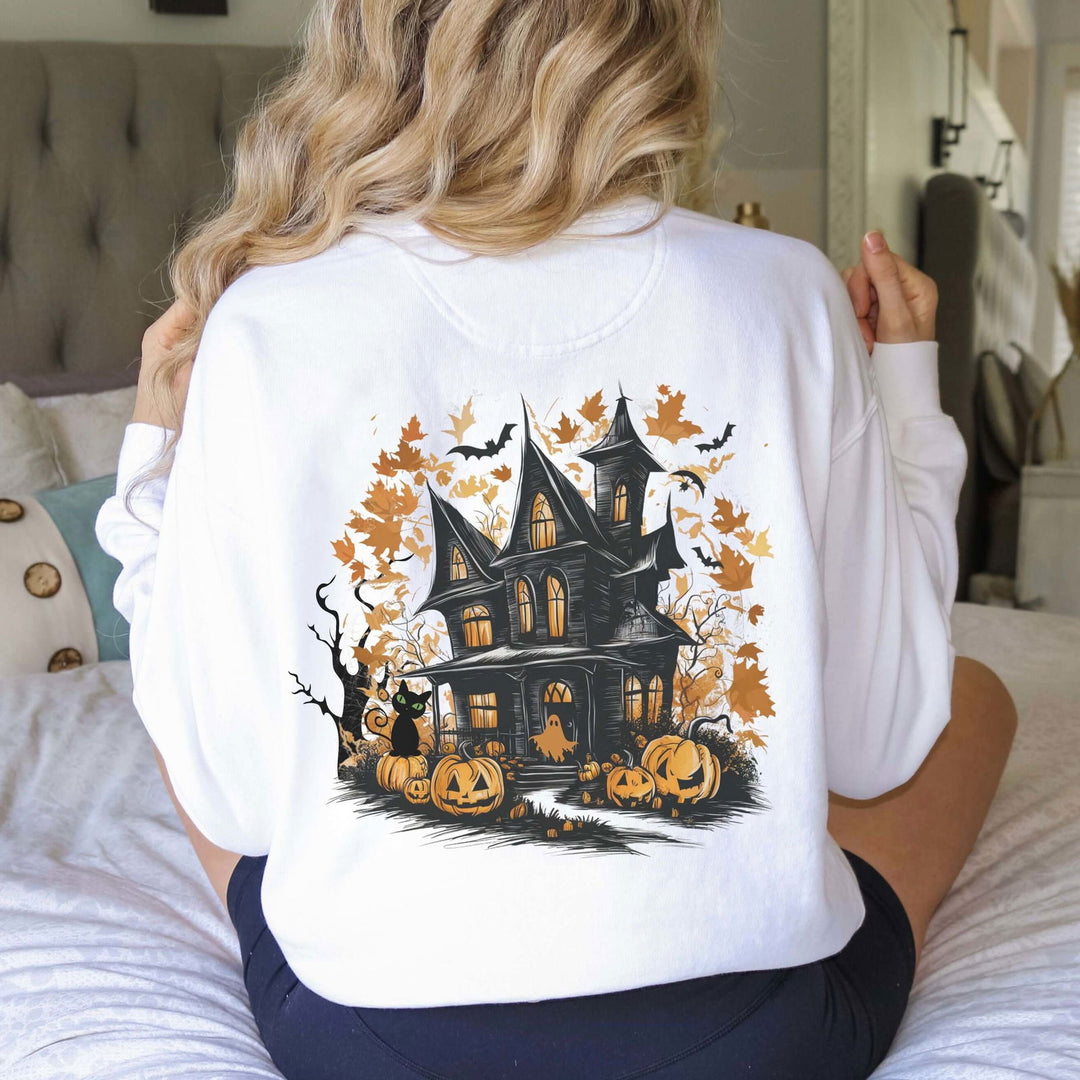 Haunted House Halloween Sweatshirt: Spooky Vibes Sweatshirt Printify
