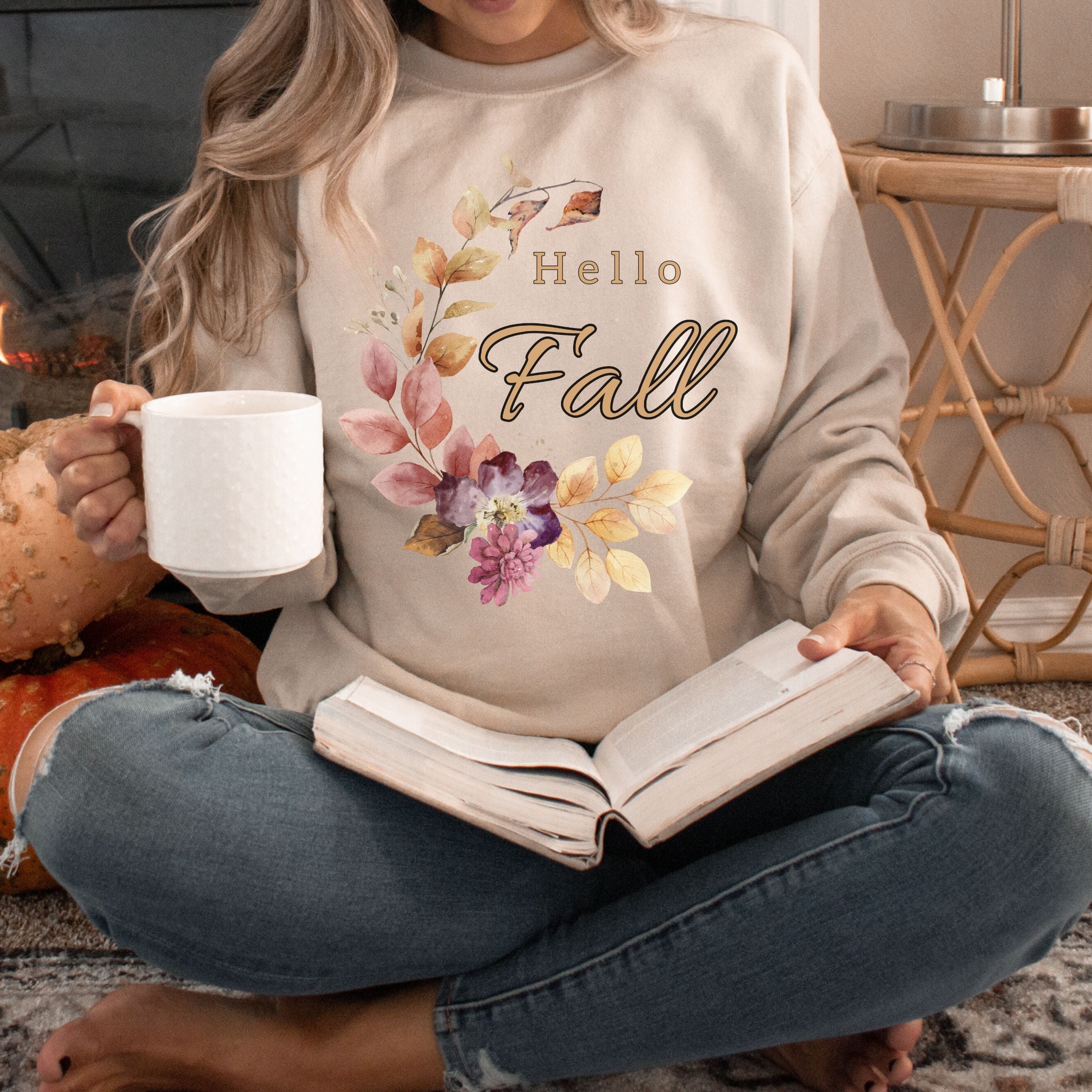 Hello Fall: Watercolor Floral Sweatshirt Sweatshirt Printify
