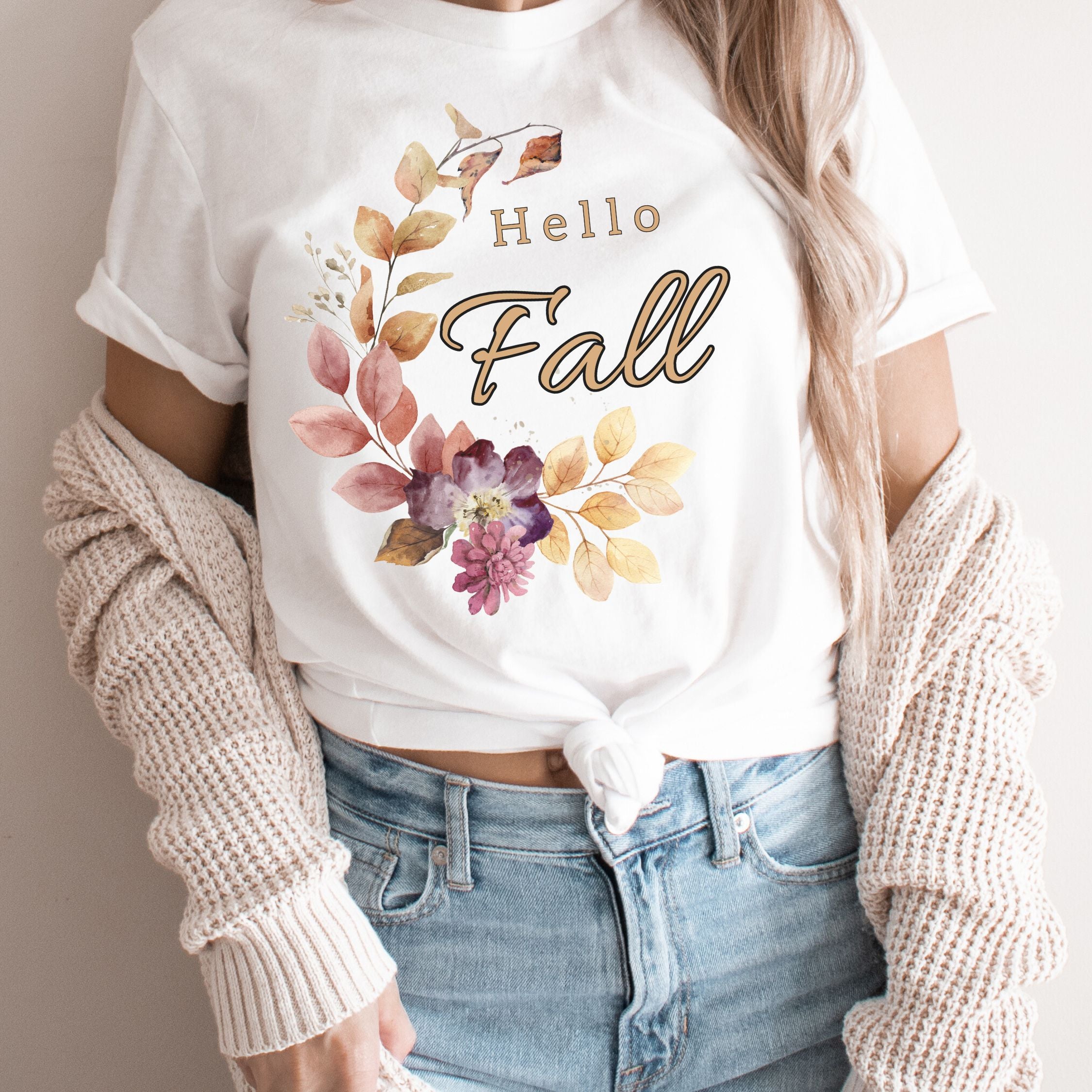 Hello Fall: Watercolor Floral T-Shirt T-Shirt Printify White M