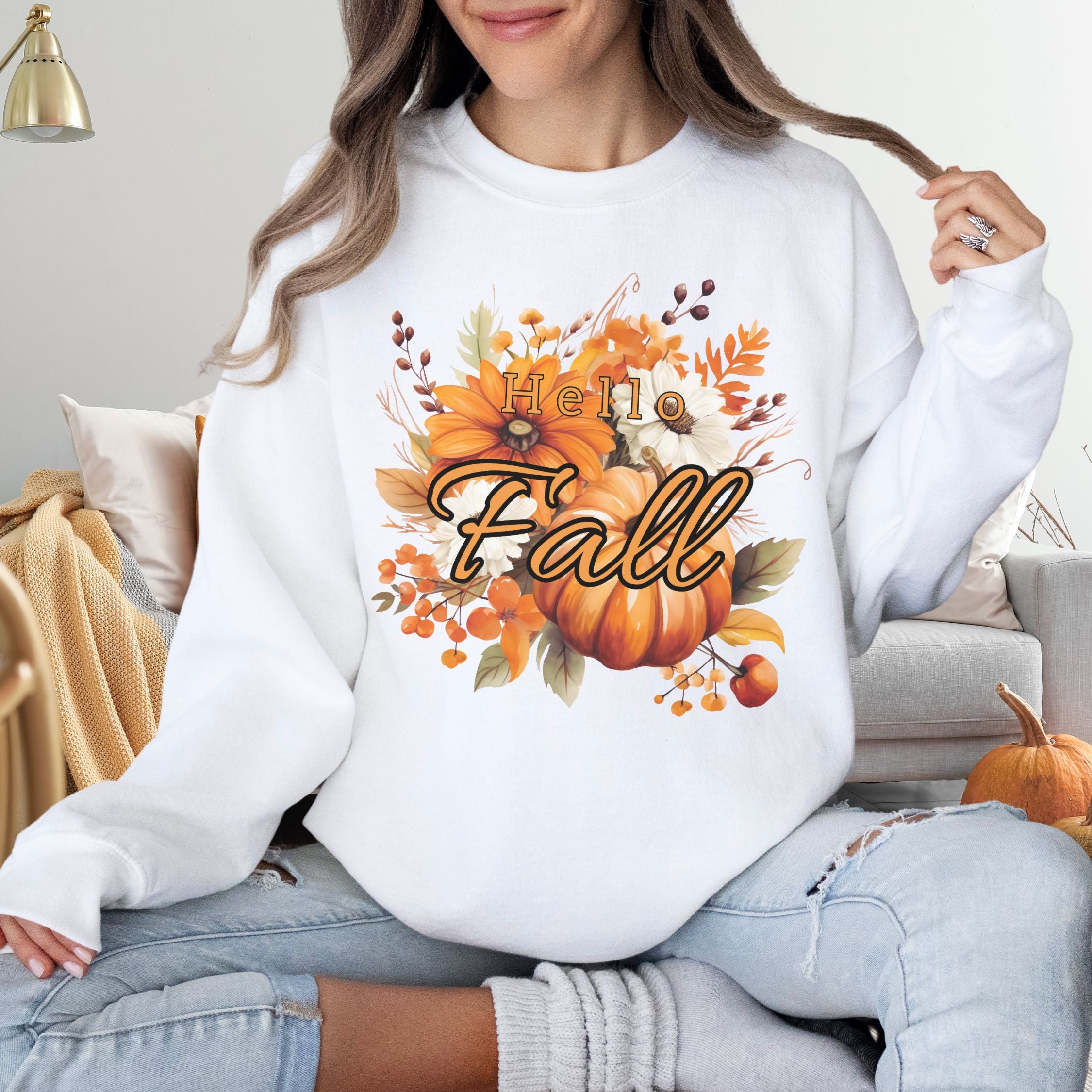 Hello Fall: Watercolor Pumpkin Sweatshirt Sweatshirt Printify