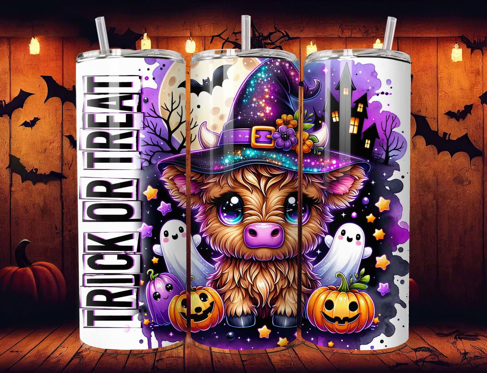 Highland Cow Trick or Treat Halloween Tumbler Mug Printify