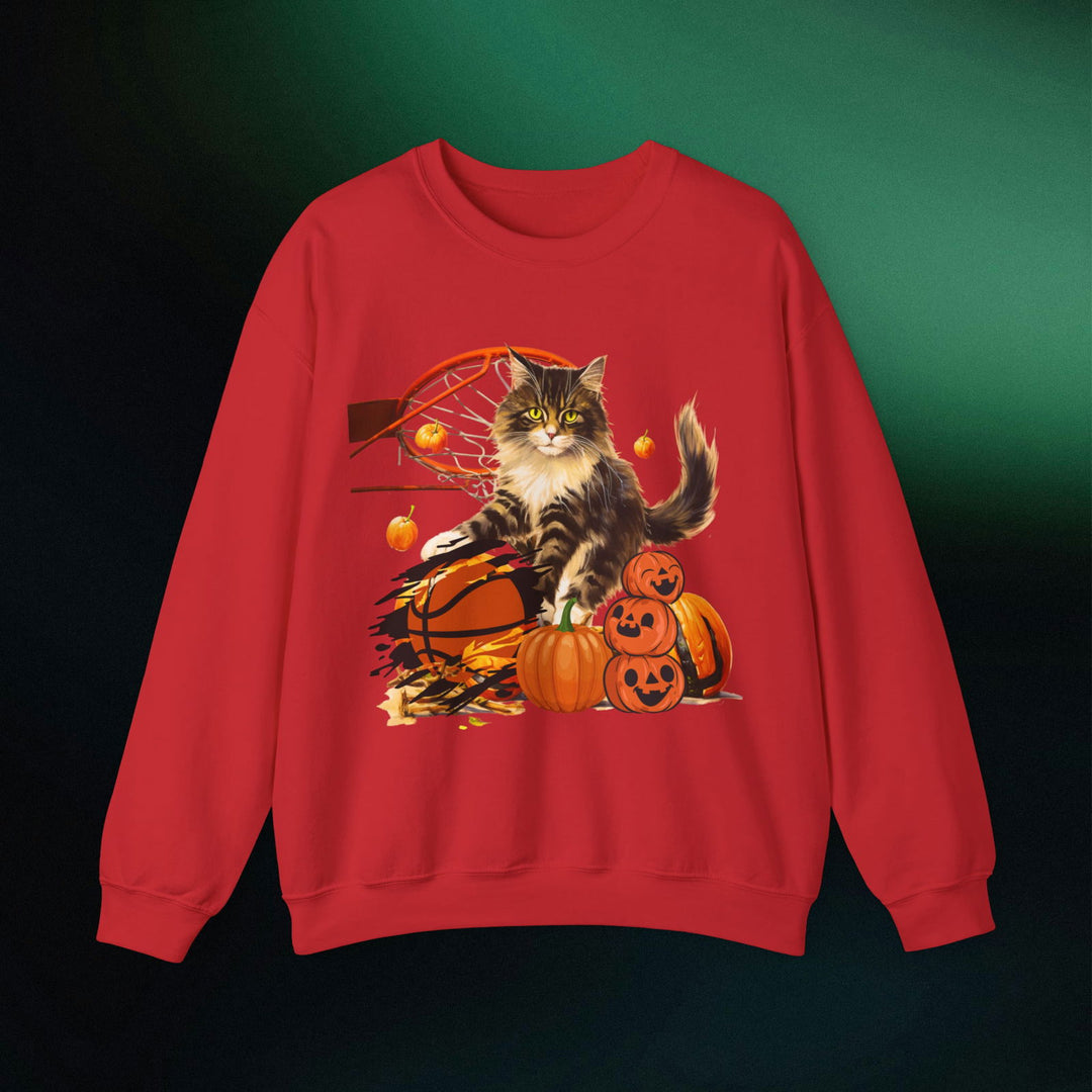 Hoop There It Is! Playful Cat Halloween Sweatshirt Sweatshirt Printify S Red