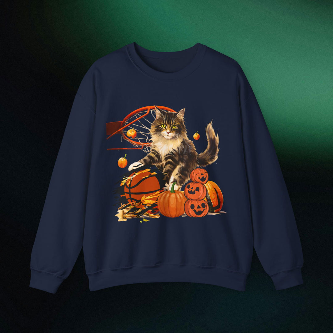 Hoop There It Is! Playful Cat Halloween Sweatshirt Sweatshirt Printify M Navy