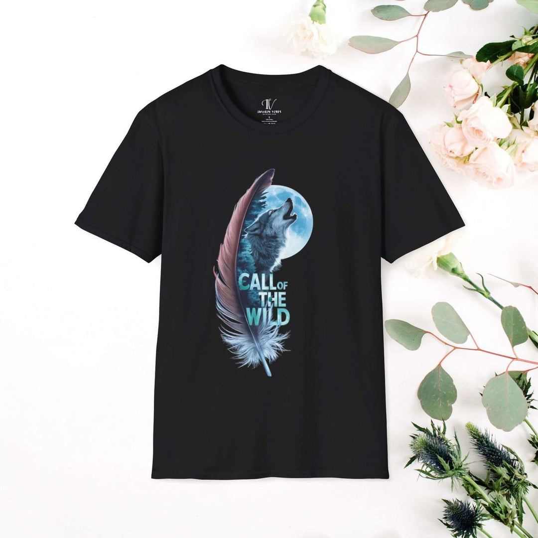 Howling Wolf in Moonlit Feather: Wilderness Spirit Tee - Imagin Vibes - 