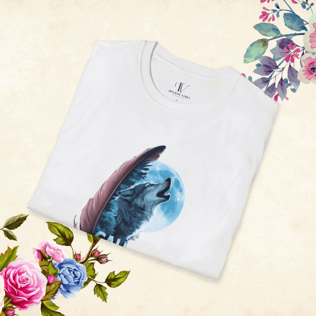 Howling Wolf in Moonlit Feather: Wilderness Spirit Tee - Imagin Vibes - 