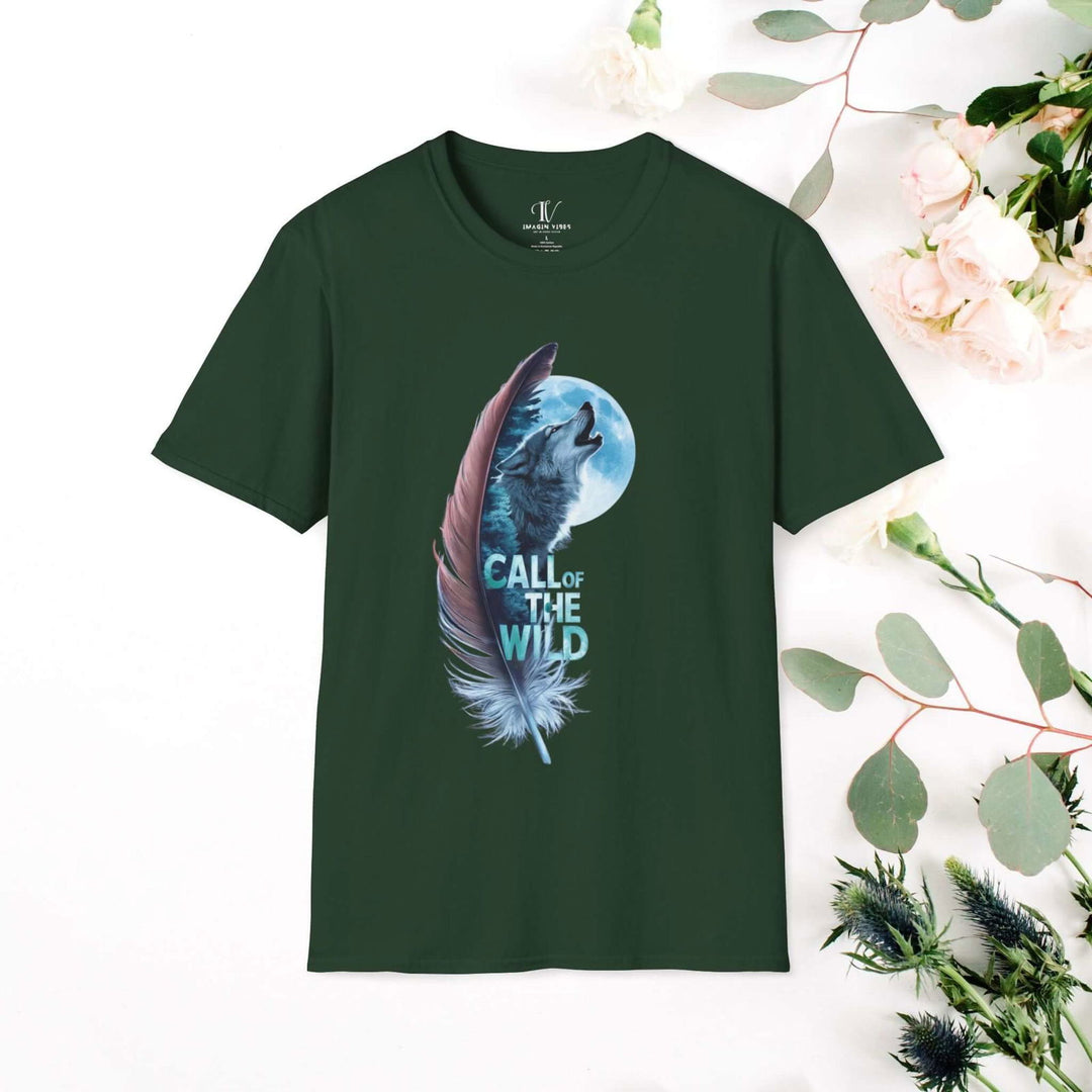 Howling Wolf in Moonlit Feather: Wilderness Spirit Tee - Imagin Vibes - 