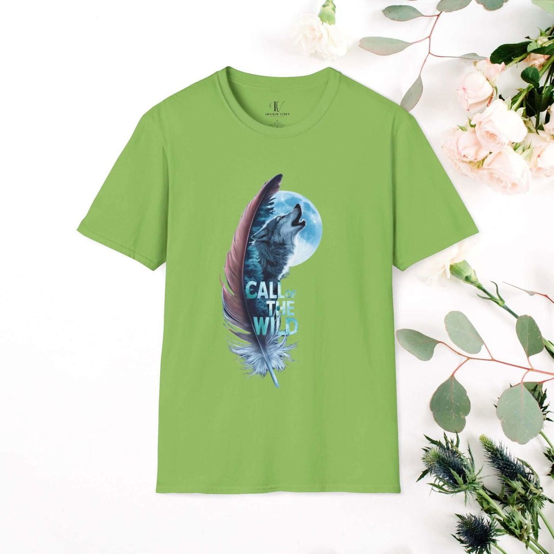 Howling Wolf in Moonlit Feather: Wilderness Spirit Tee - Imagin Vibes - 