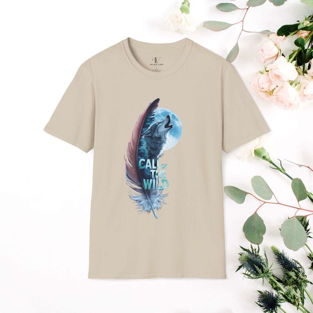 Howling Wolf in Moonlit Feather: Wilderness Spirit Tee - Imagin Vibes - 