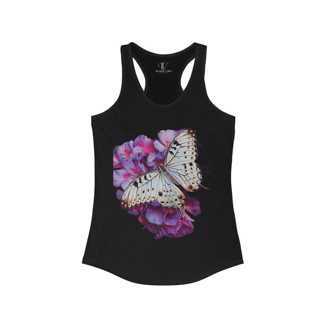 Women's Racerback Tank Butterfly and Pink Flower Top Tank Top Printify XS Solid Black