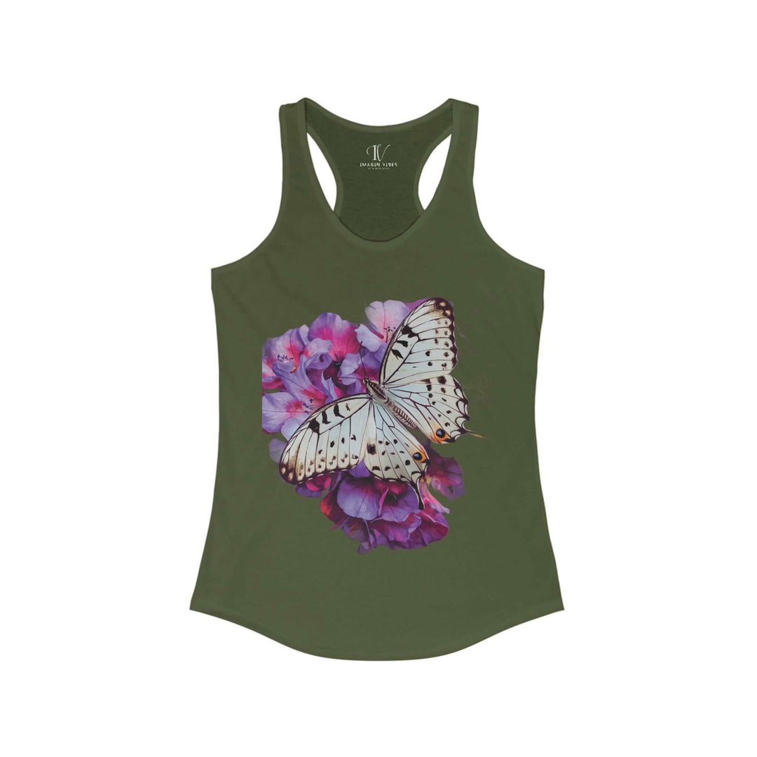 Women's Racerback Tank Butterfly and Pink Flower Top Tank Top Printify XS Solid Military Green