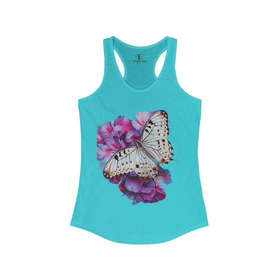 Women's Racerback Tank Butterfly and Pink Flower Top Tank Top Printify XS Solid Tahiti Blue