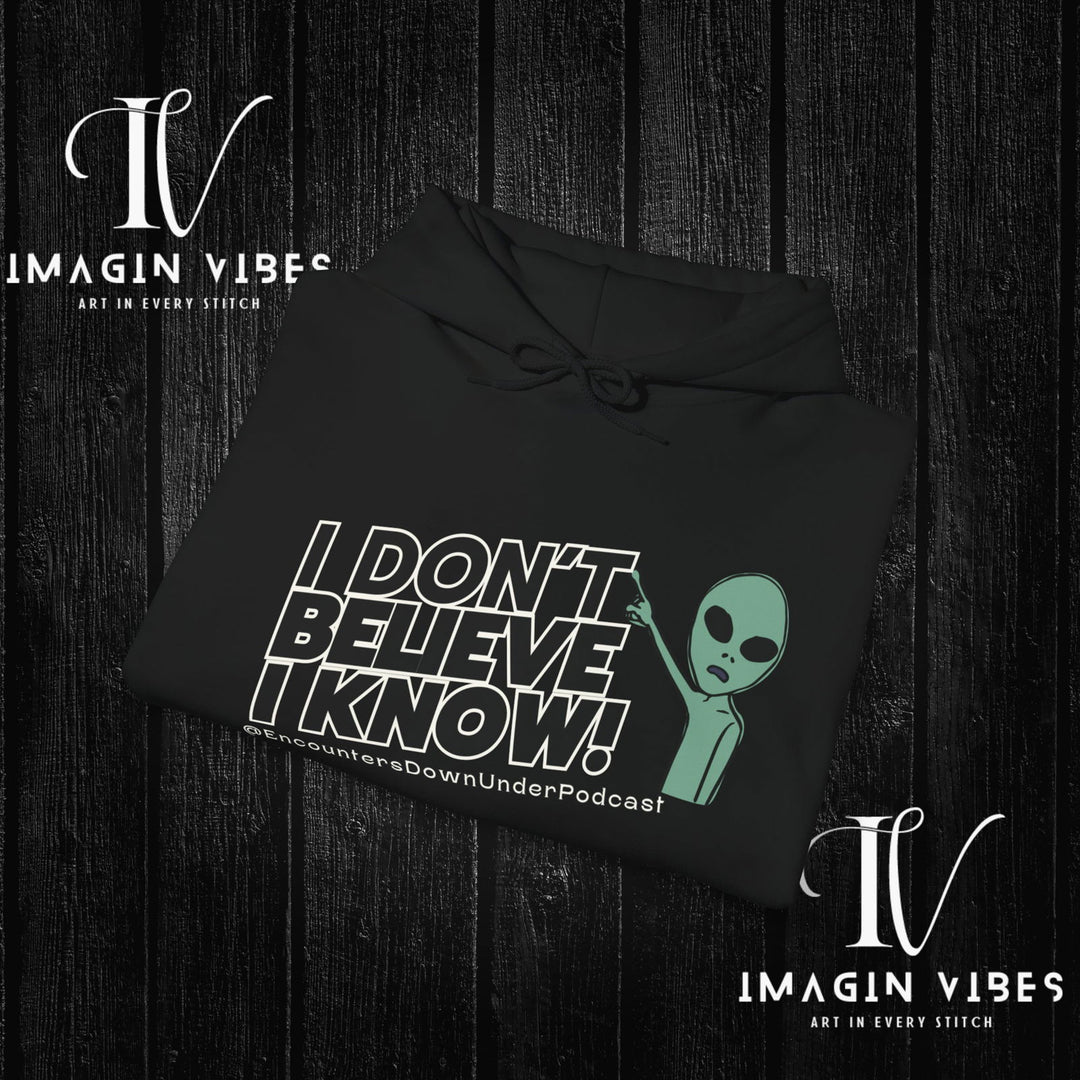 I Don't Believe I Know Hoodie, Encounters Down Under Podcast Alien Hoodie, Double-Sided Print Hoodie Hoodie Printify