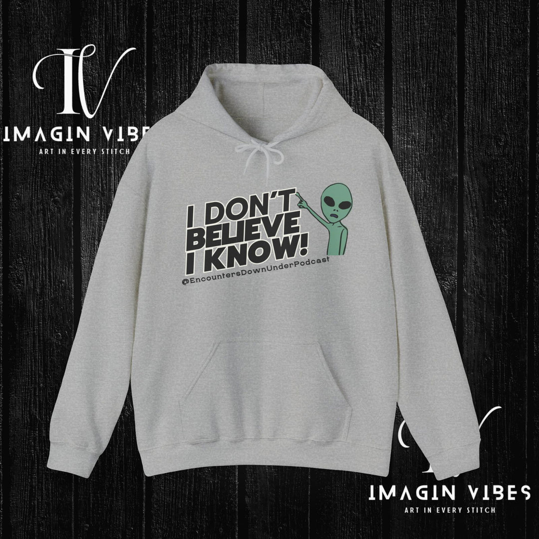 I Don't Believe I Know Hoodie, Encounters Down Under Podcast Alien Hoodie, Double-Sided Print Hoodie Hoodie Printify