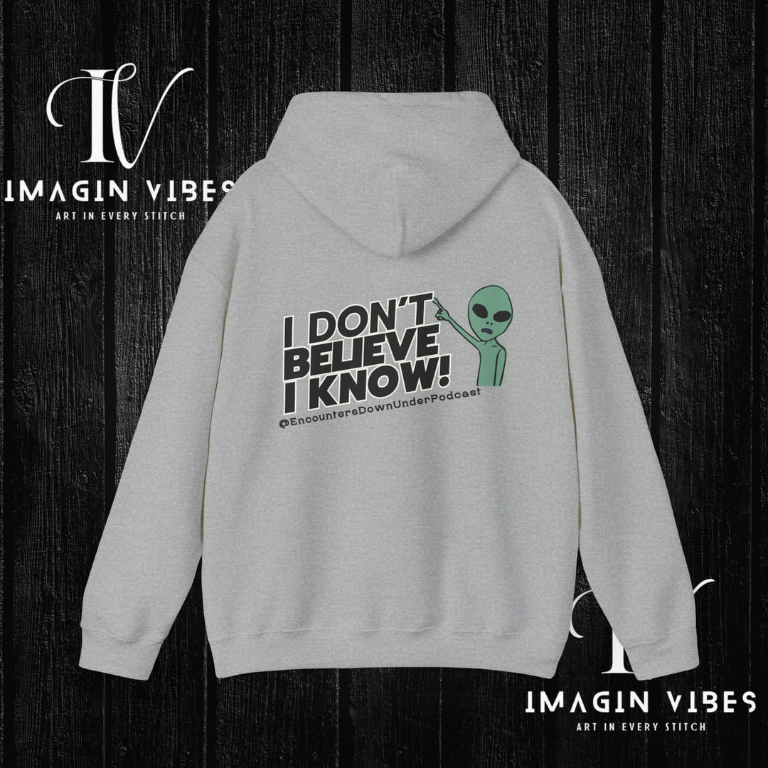 I Don't Believe I Know Hoodie, Encounters Down Under Podcast Alien Hoodie, Double-Sided Print Hoodie Hoodie Printify