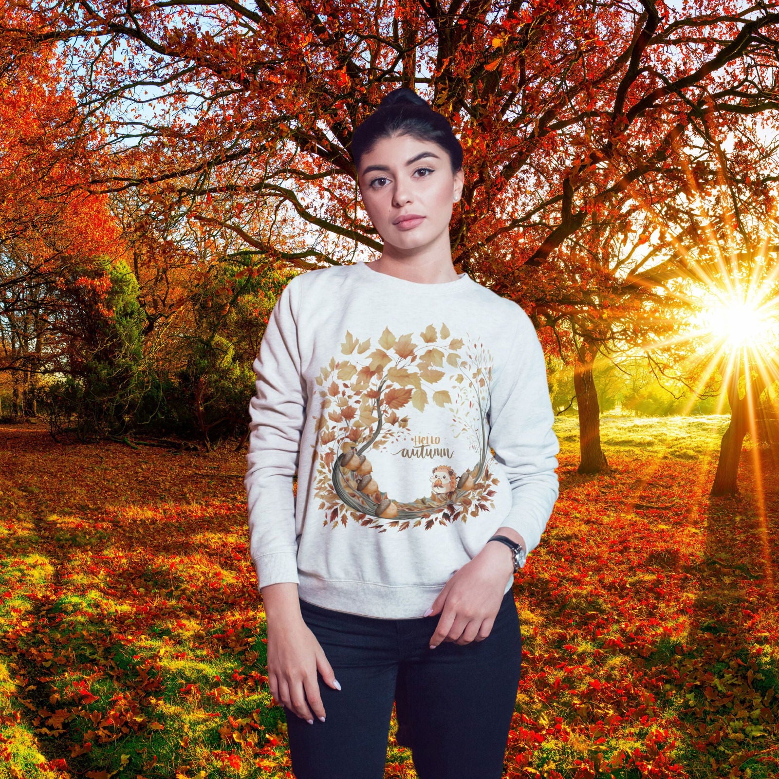 Autumn Nature Crewneck Sweatshirt - Hello Autumn Sweatshirt Printify L White