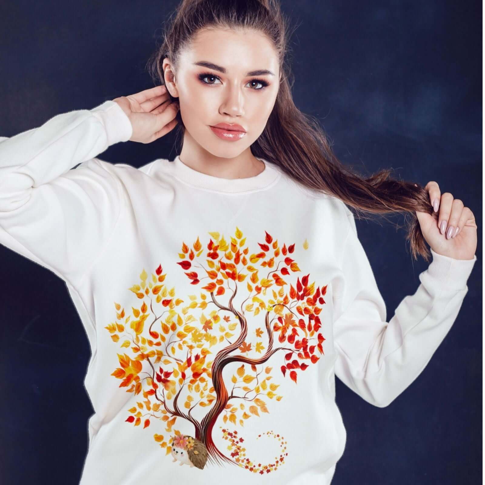 Autumn Tree and Hedgehog Fall Sweatshirt Sweatshirt Printify