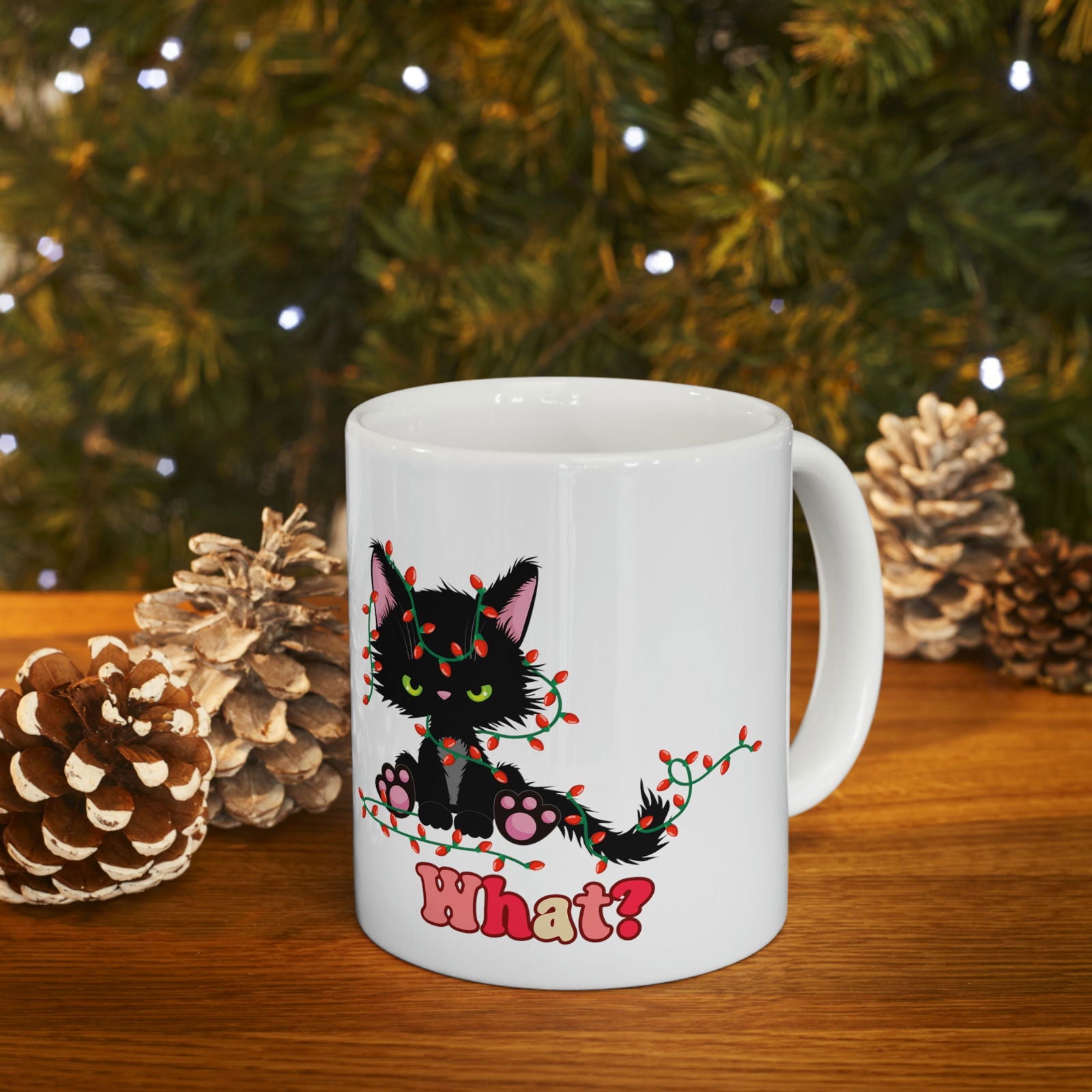 Cat Christmas Lights "What?!" Mug Mug Printify