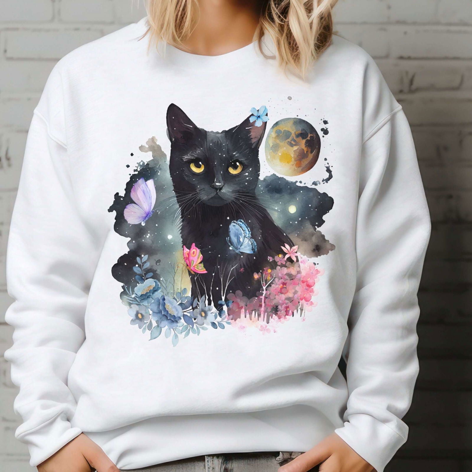Imagin Vibes: Floral Cat & Butterflies Sweatshirt Sweatshirt Printify