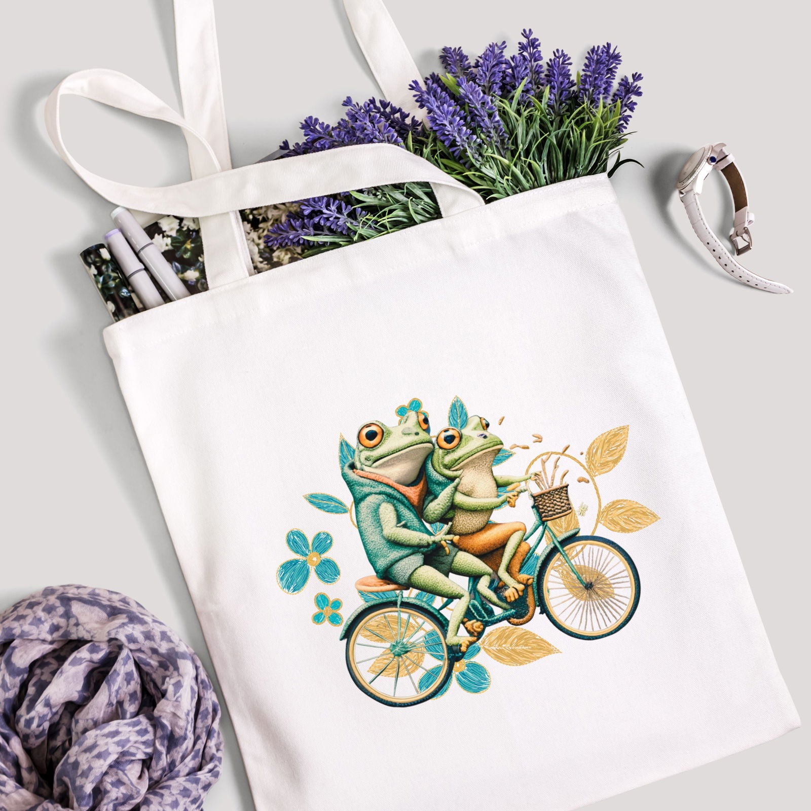 Imagin Vibes: Frogs Riding Bicycle Tote - Imagin Vibes - 