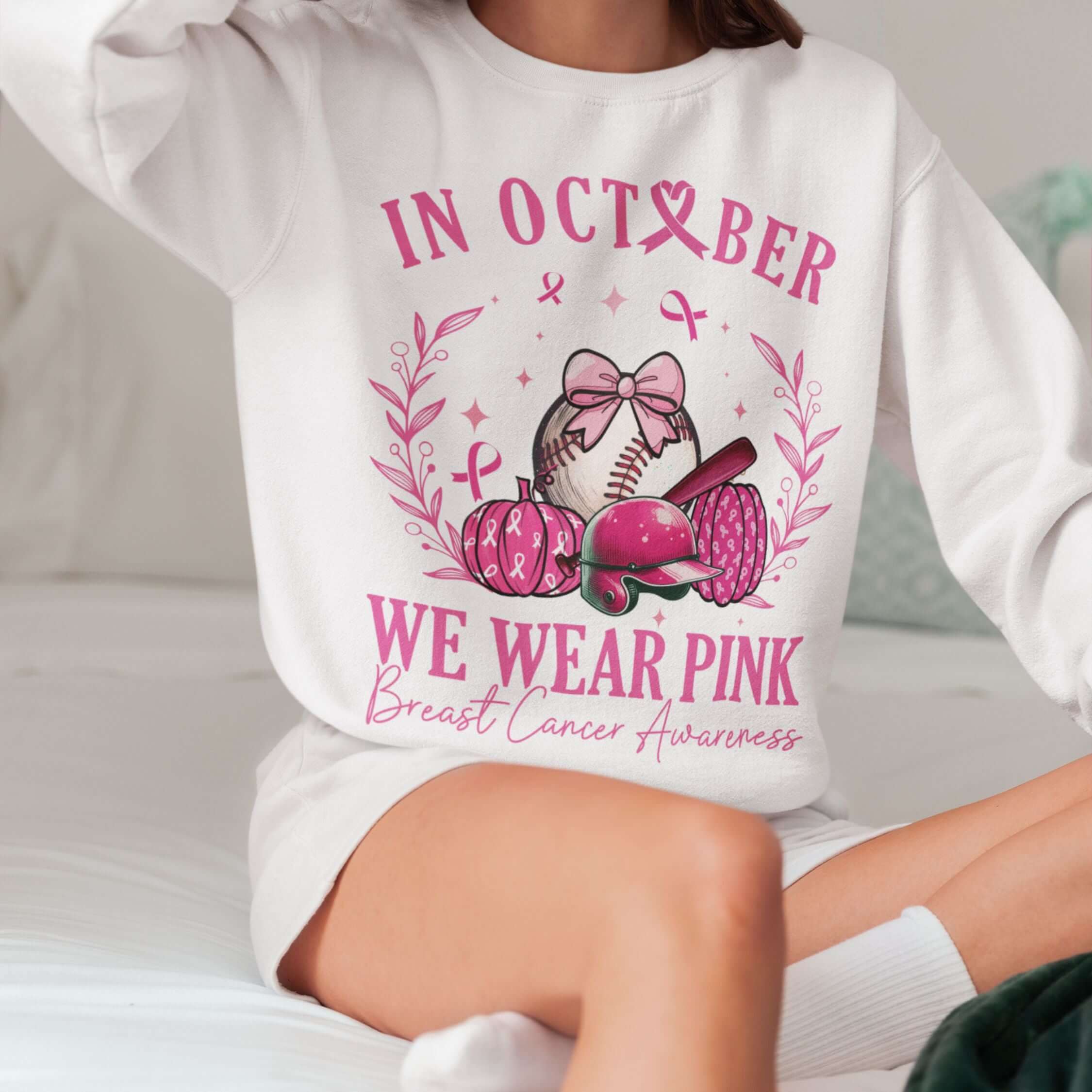 October Pink Baseball Sweatshirt - Breast Cancer Awareness Sweatshirt Printify