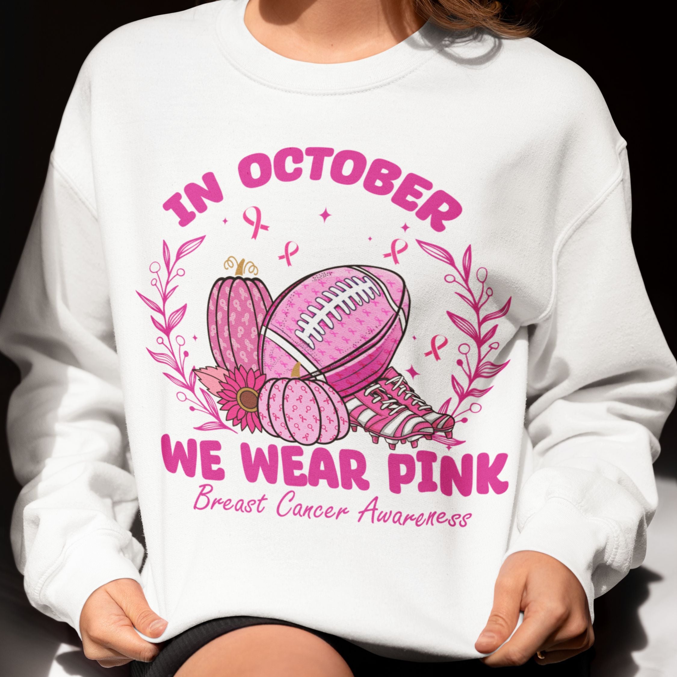 In October We Wear Pink Football Breast Cancer Awareness Sweatshirt Sweatshirt Printify