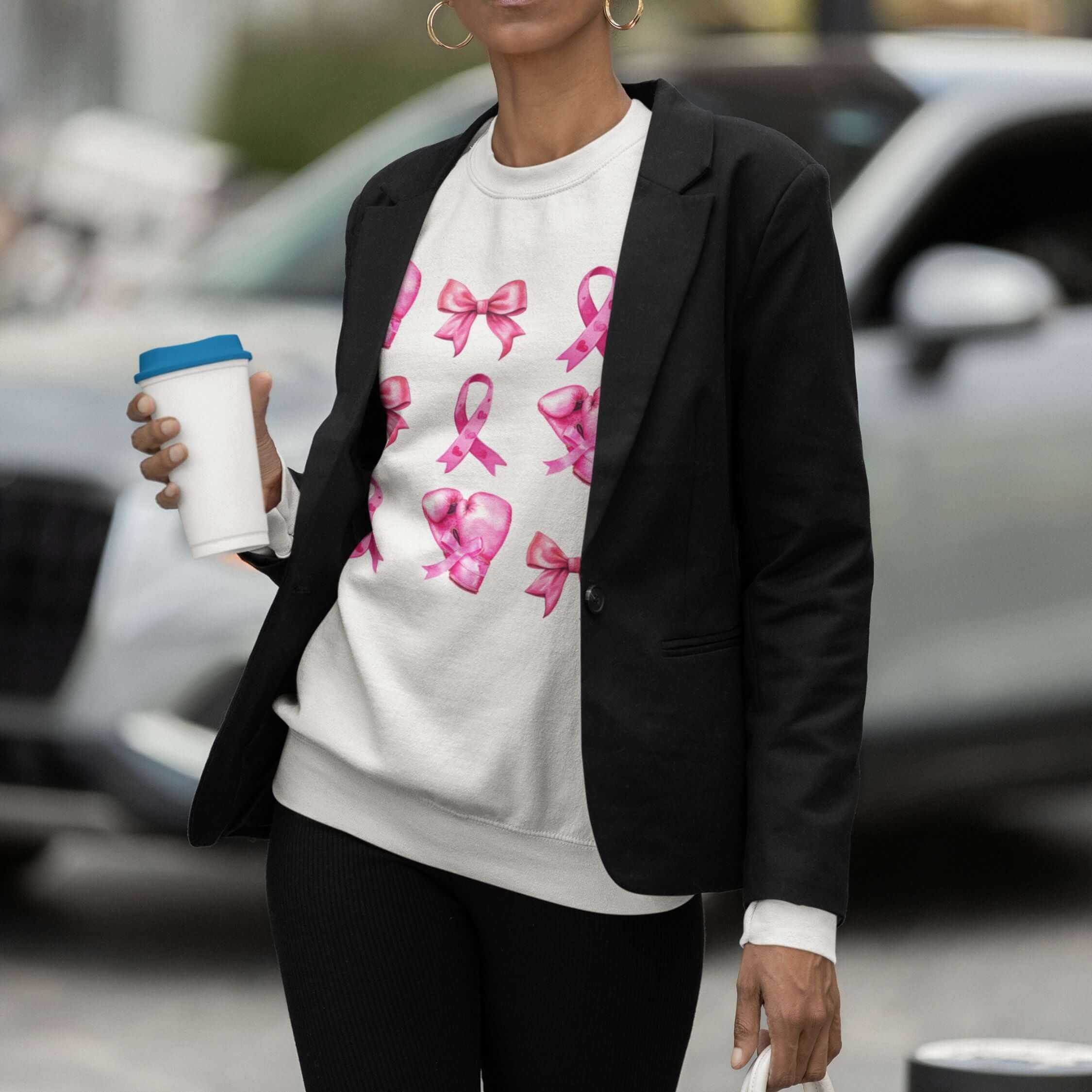 Pink Ribbons and Boxing Gloves Breast Cancer Support Sweatshirt Sweatshirt Printify