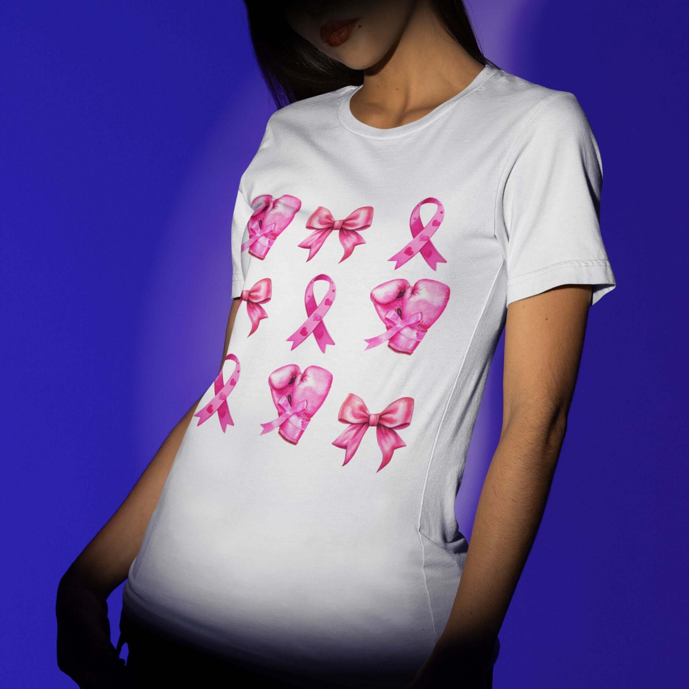 Pink Ribbons And Boxing Gloves Breast Cancer Support T-Shirt T-Shirt Printify