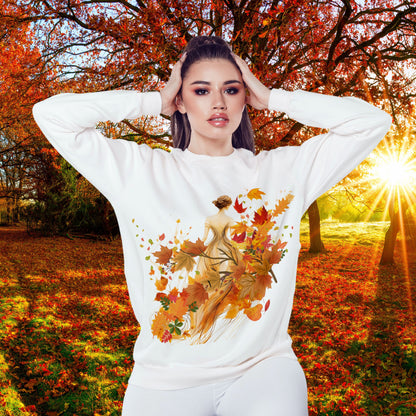 Whimsical Dreams in Autumn Hues: Romantic Dreamy Female Surrounded by Autumn Leaves Sweatshirt Sweatshirt   