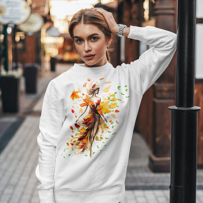 Whimsical Dreams in Autumn Hues: Romantic Dreamy Female Surrounded by Autumn Leaves Sweatshirt - Fairycore, Forestcore, Cottagecore-inspired Fashion Sweatshirt   