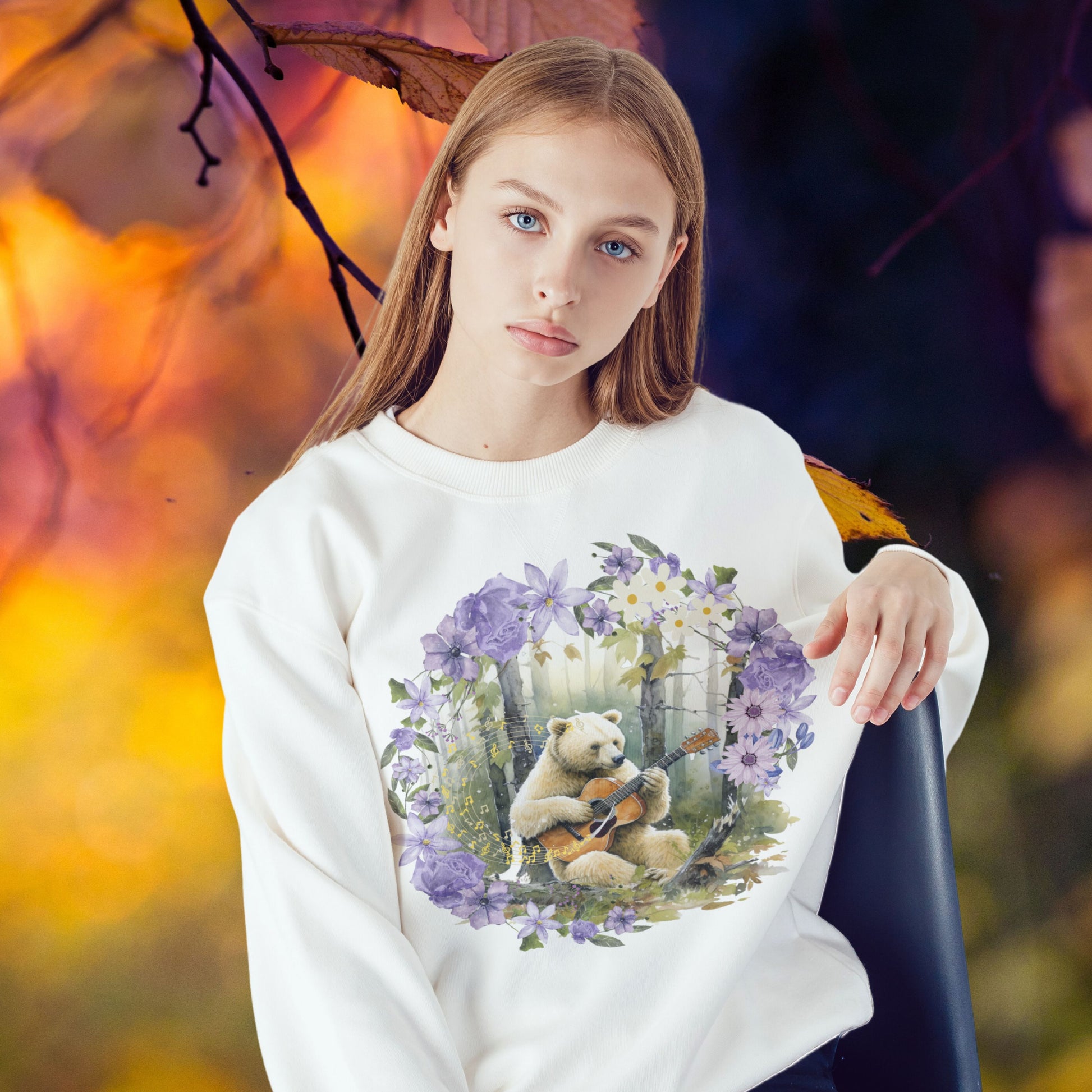 Bear Guitar Sweatshirt | Unisex Woodlands Design | Musical Bear Fashion Sweatshirt   