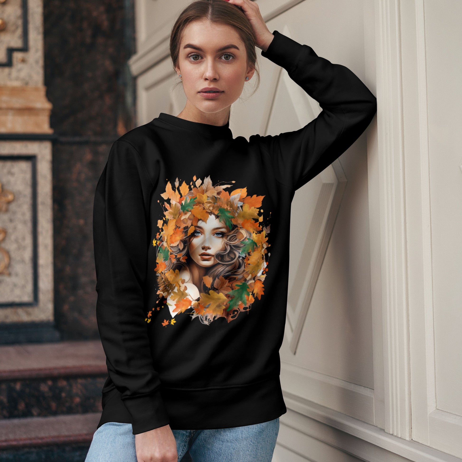 Whimsical Dreams in Autumn Hues: Romantic Dreamy Female Surrounded by Autumn Leaves Sweatshirt - Fairycore, Forestcore, Cottagecore-inspired Fashion Sweatshirt   