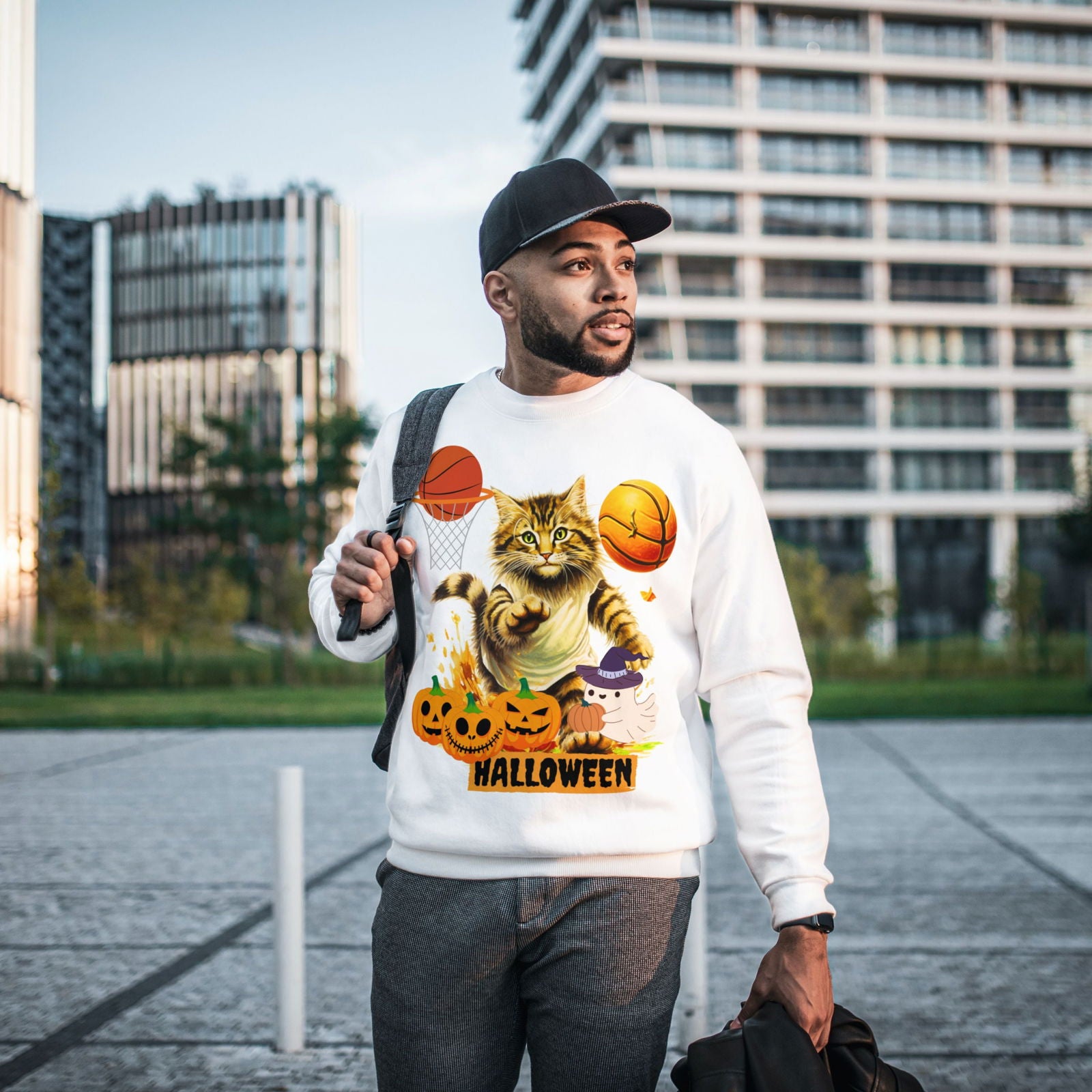 Purrfect Shot! Spooky Cat Basketball Sweatshirt Sweatshirt Printify