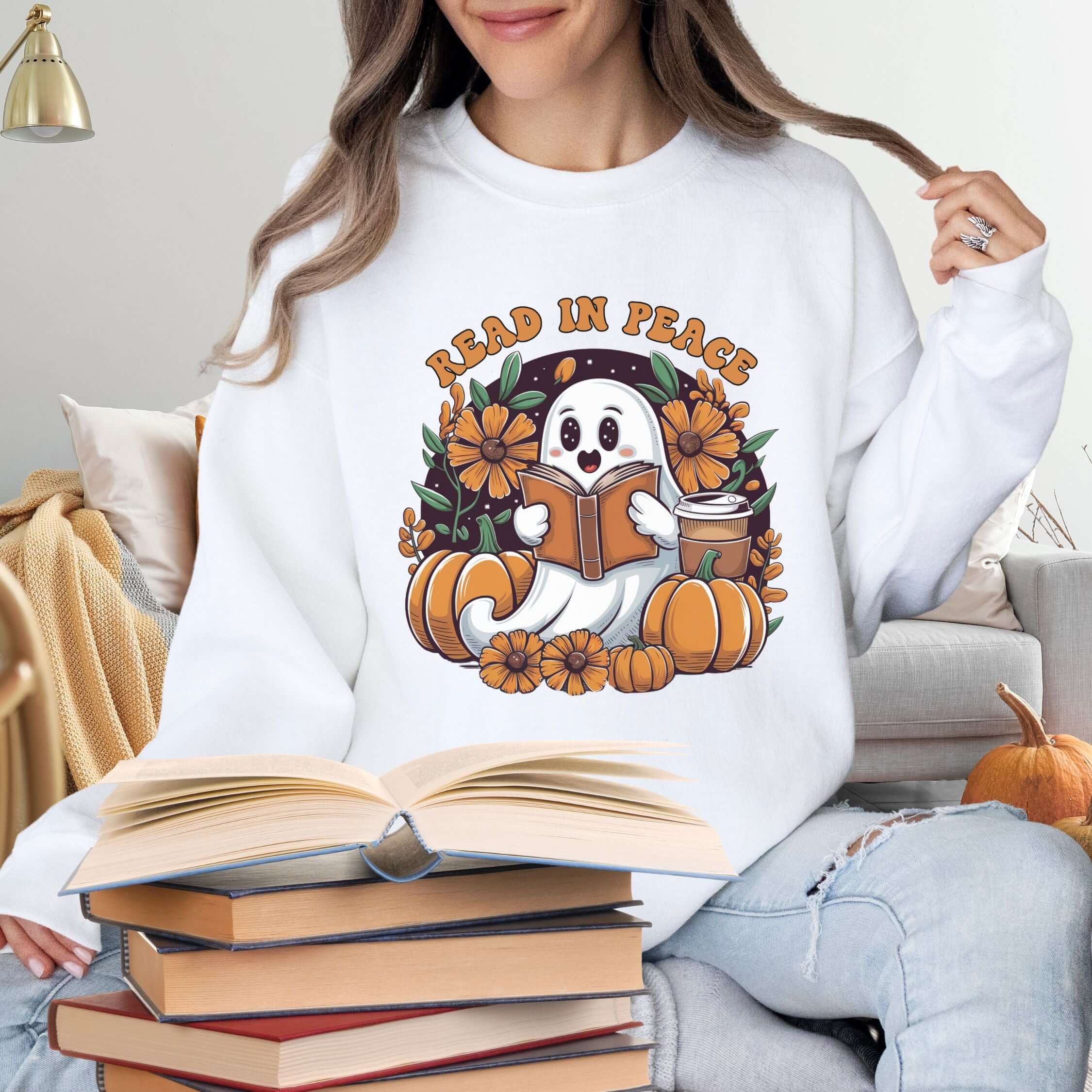 "Read In Peace" Cute Ghost Halloween Reader Sweatshirt Sweatshirt Printify M White