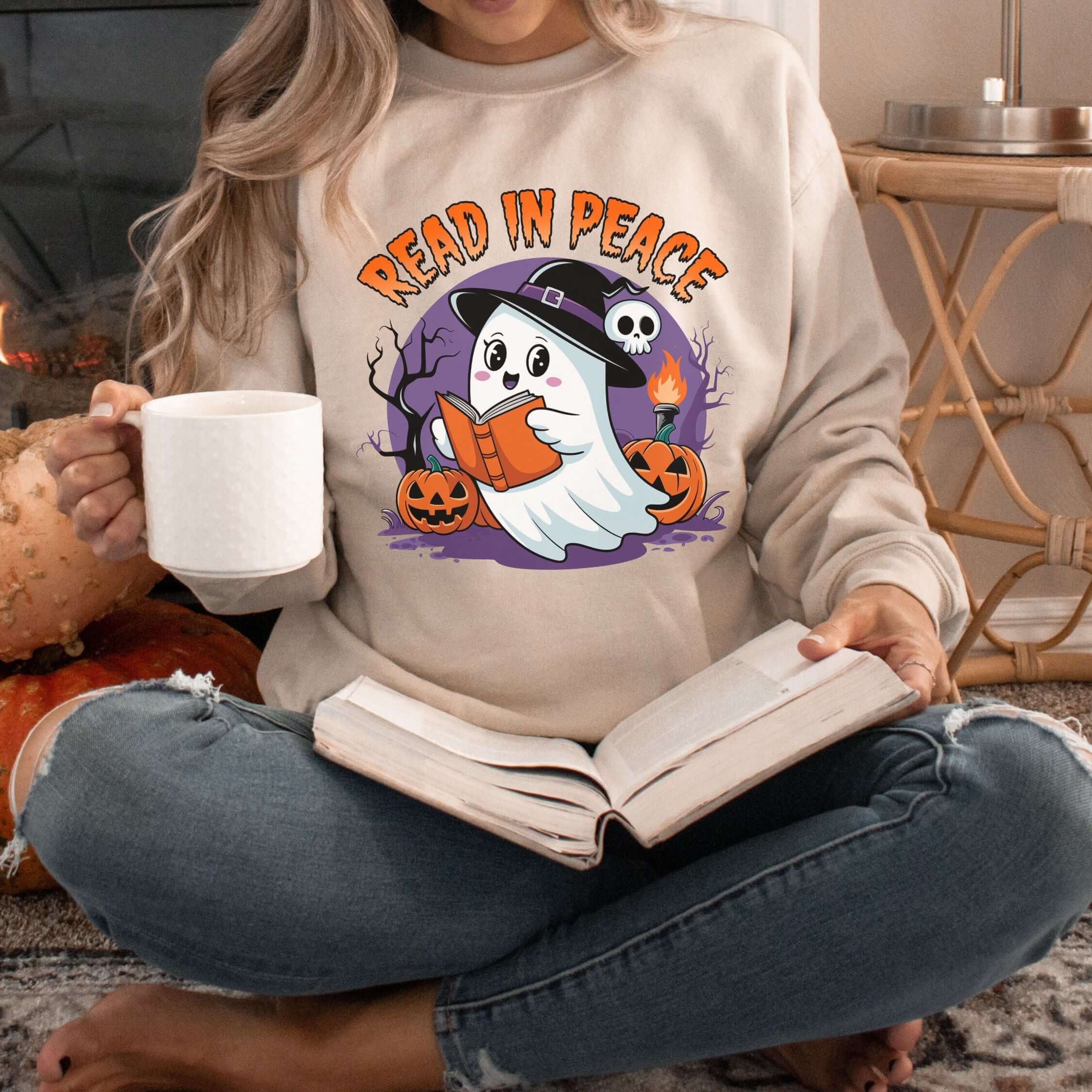 Read In Peace Ghost Halloween Bookworm Sweatshirt Sweatshirt Printify M Sand