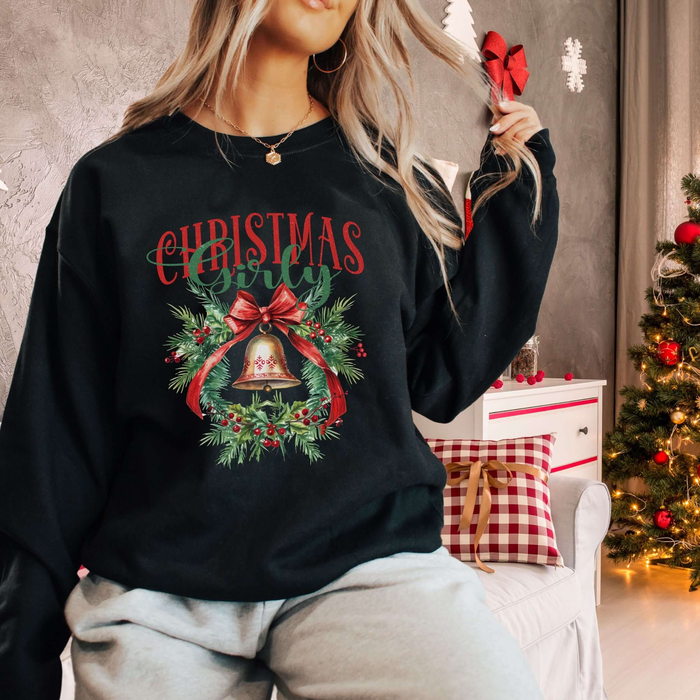 Christmas Girly Coquette Bow Sweatshirt Sweatshirt Printify L Black