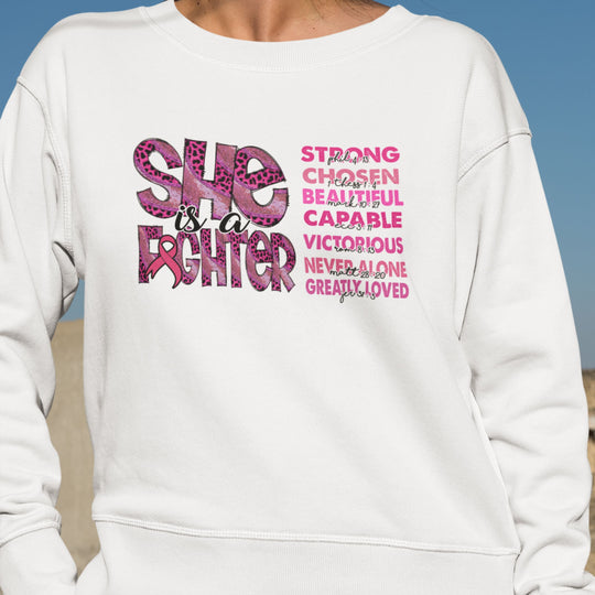 She is a Fighter Breast Cancer Awareness Sweatshirt Sweatshirt Printify