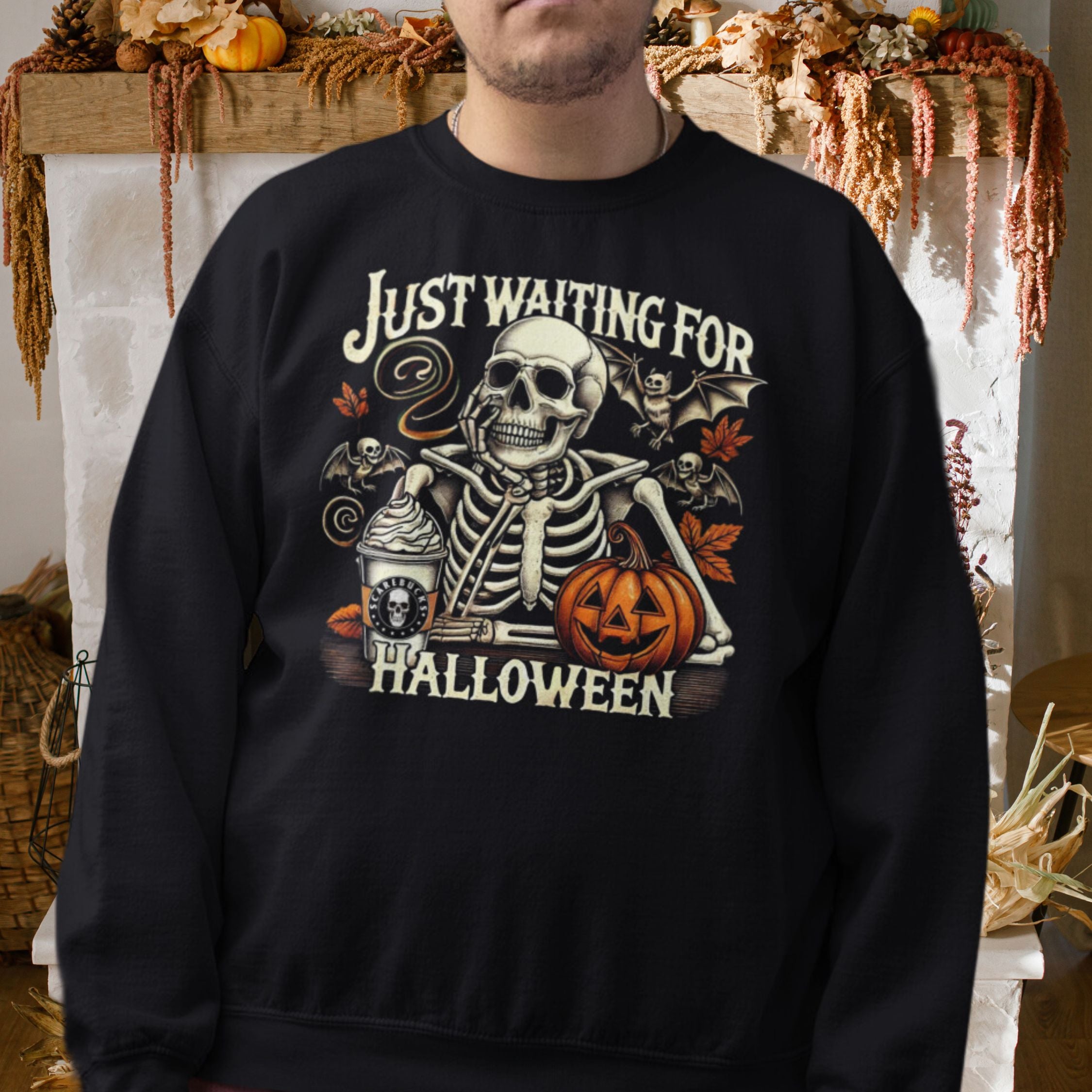 Skeleton Halloween Crewneck Sweatshirt - Just Waiting for Halloween Sweatshirt Printify