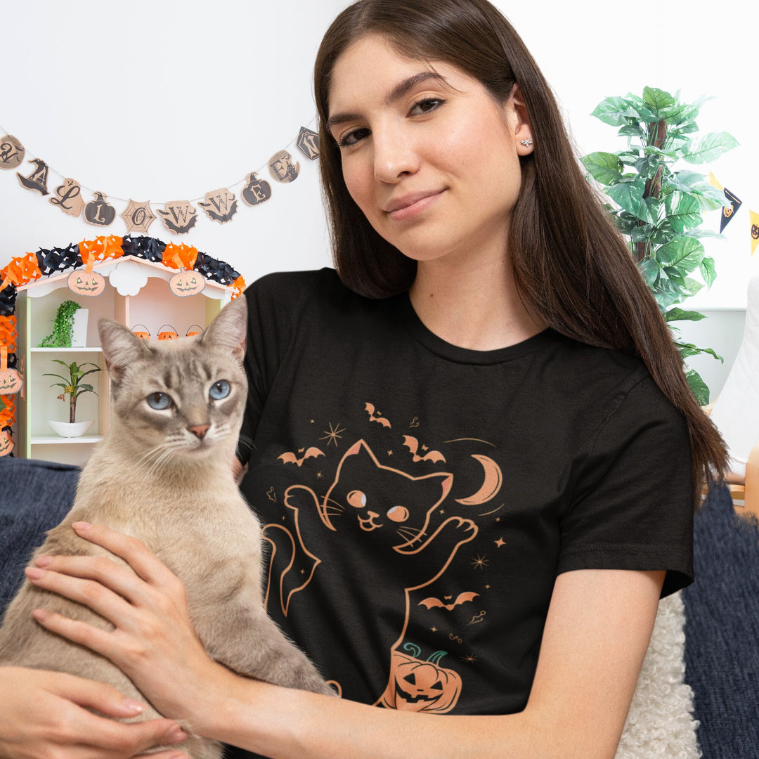 Spooky Cat & Pumpkins Halloween T-Shirt T-Shirt Printify