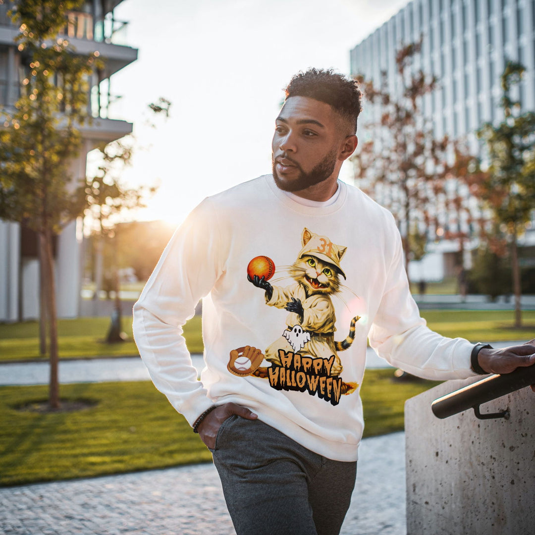 Strike Out Spooktacular Style: Cat Baseball Halloween Sweatshirt Sweatshirt Printify