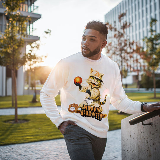 Strike Out Spooktacular Style: Cat Baseball Halloween Sweatshirt Sweatshirt Printify