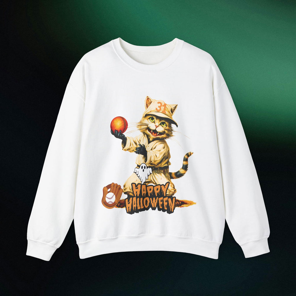 Strike Out Spooktacular Style: Cat Baseball Halloween Sweatshirt Sweatshirt Printify S White