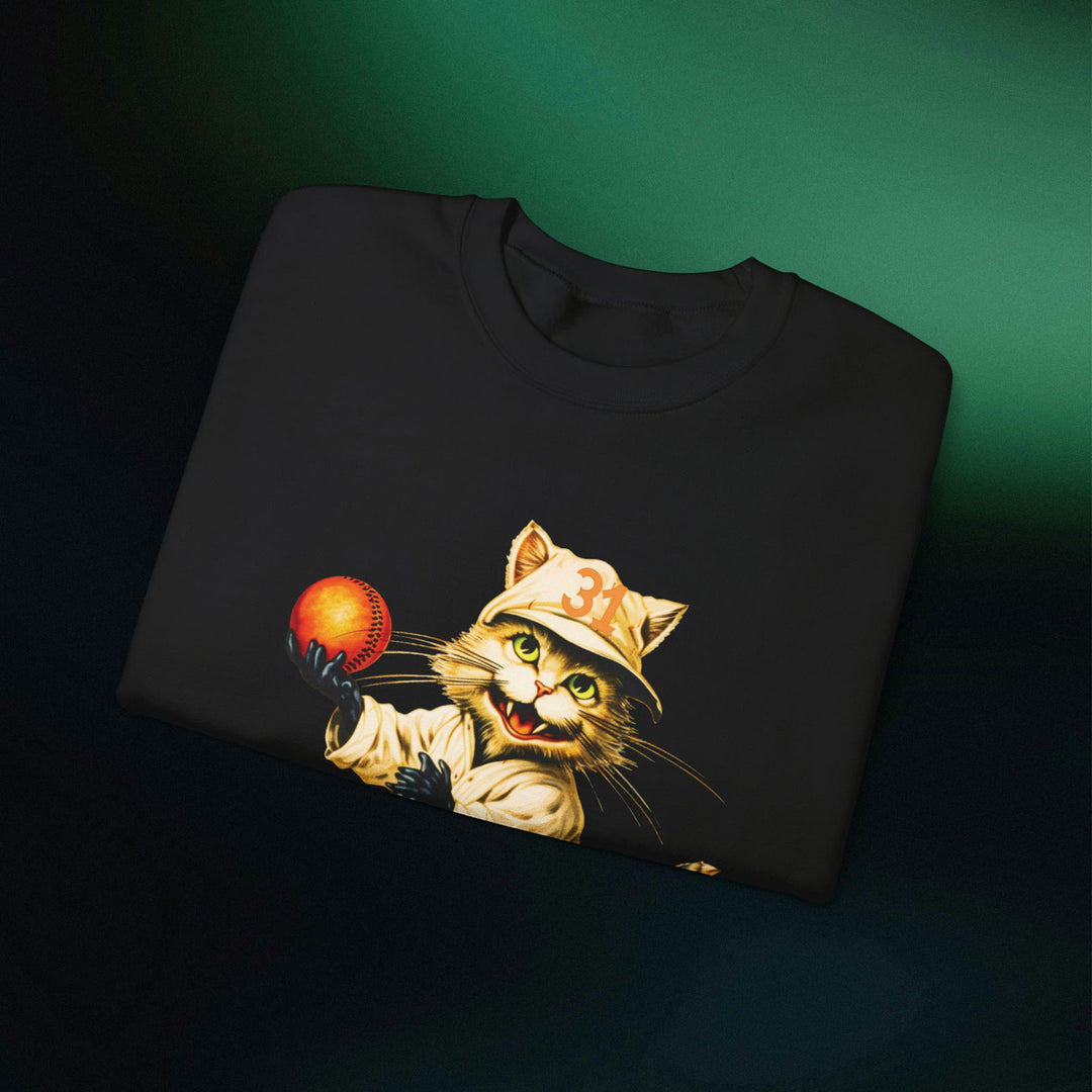 Strike Out Spooktacular Style: Cat Baseball Halloween Sweatshirt Sweatshirt Printify
