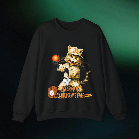 Strike Out Spooktacular Style: Cat Baseball Halloween Sweatshirt Sweatshirt Printify S Black