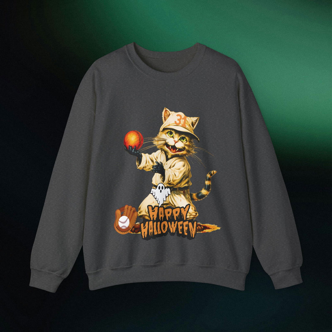Strike Out Spooktacular Style: Cat Baseball Halloween Sweatshirt Sweatshirt Printify S Dark Heather