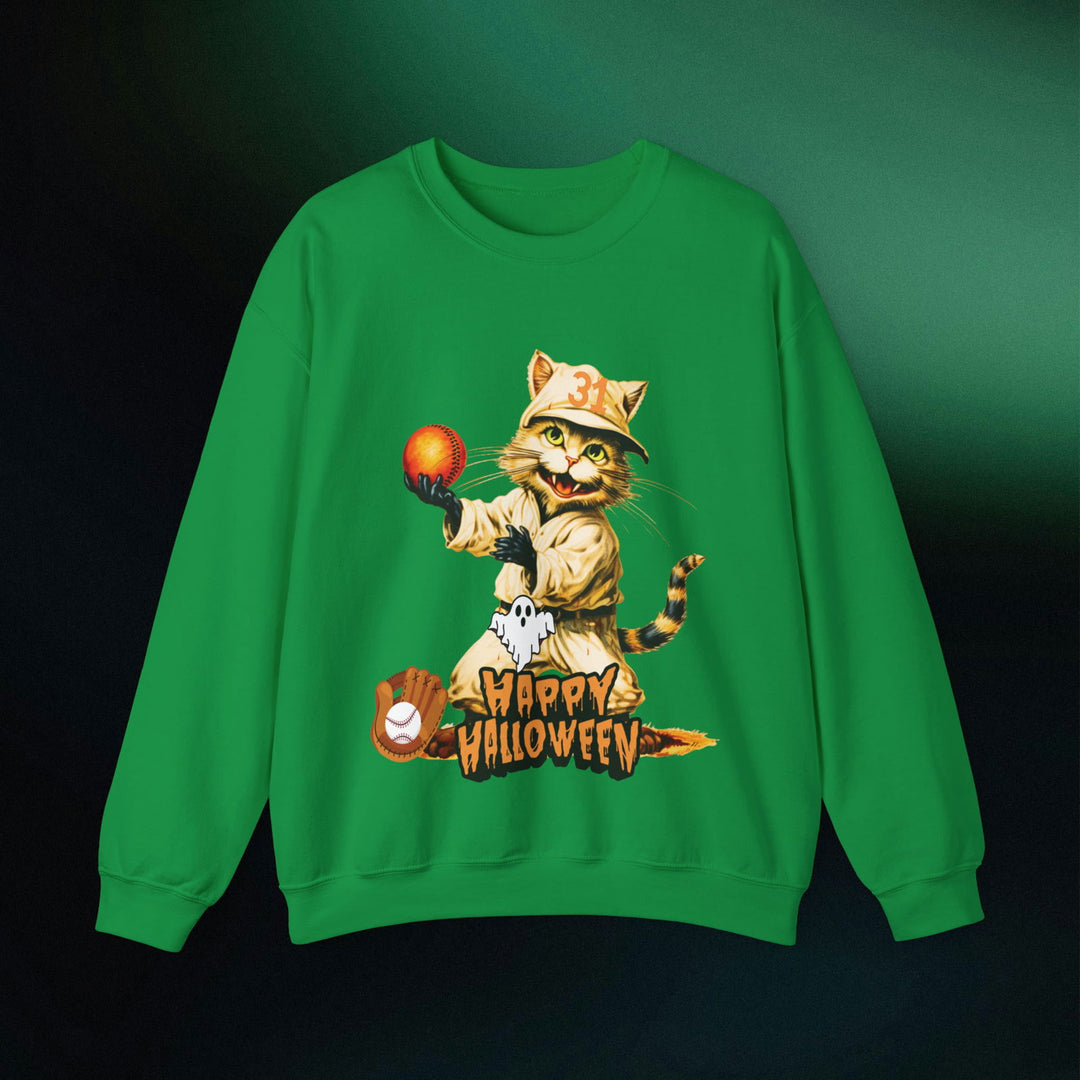 Strike Out Spooktacular Style: Cat Baseball Halloween Sweatshirt Sweatshirt Printify S Irish Green