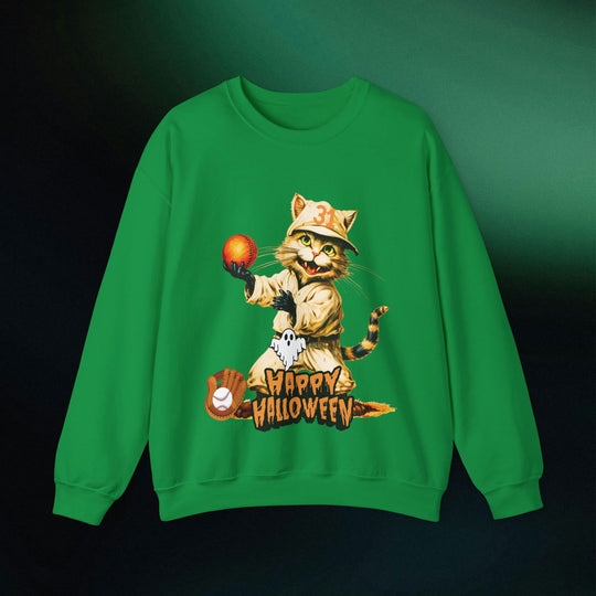 Strike Out Spooktacular Style: Cat Baseball Halloween Sweatshirt Sweatshirt Printify S Irish Green