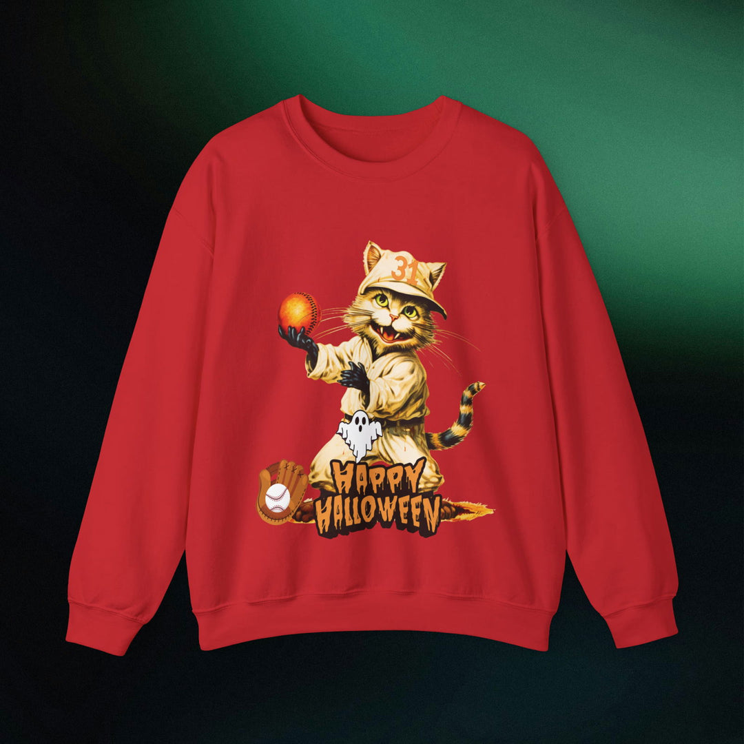 Strike Out Spooktacular Style: Cat Baseball Halloween Sweatshirt Sweatshirt Printify S Red